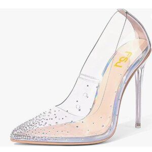 FSJ Women Silver Rhinestone Studded Pointed Toe Transparent Pumps High Heel Shoe